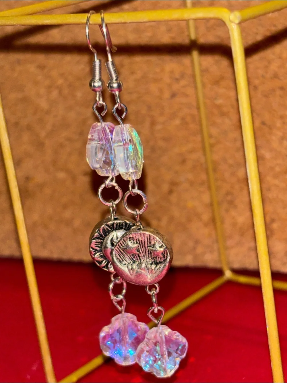 Silver Sun & Iridescent Pink Drop Earrings — Unbranded